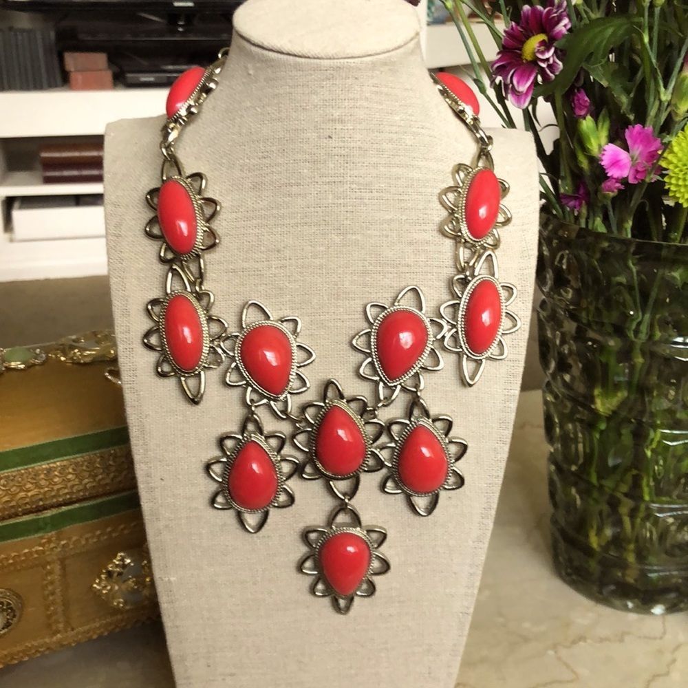 Ann Taylor Red and Silver Statement Necklace